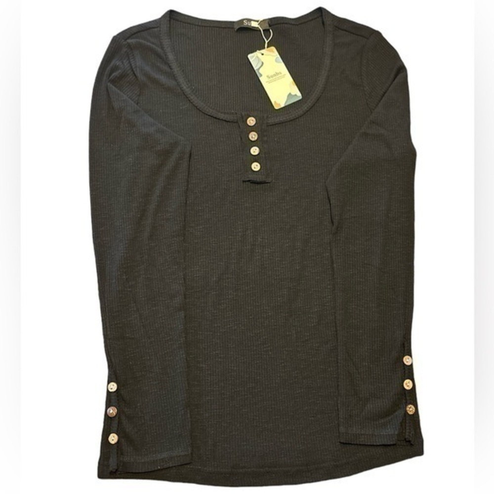 Sunbs Women’s Casual Long Sleeve Button Down Henley Ribbed Knit Shirt - Large